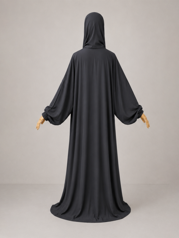 Gray pose 2 without cuffs Gray Prayer Jilbab – Without Cuffs