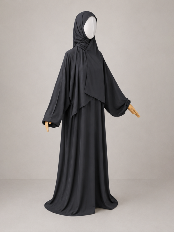 Gray pose 3 without cuffs Gray Prayer Jilbab – Without Cuffs