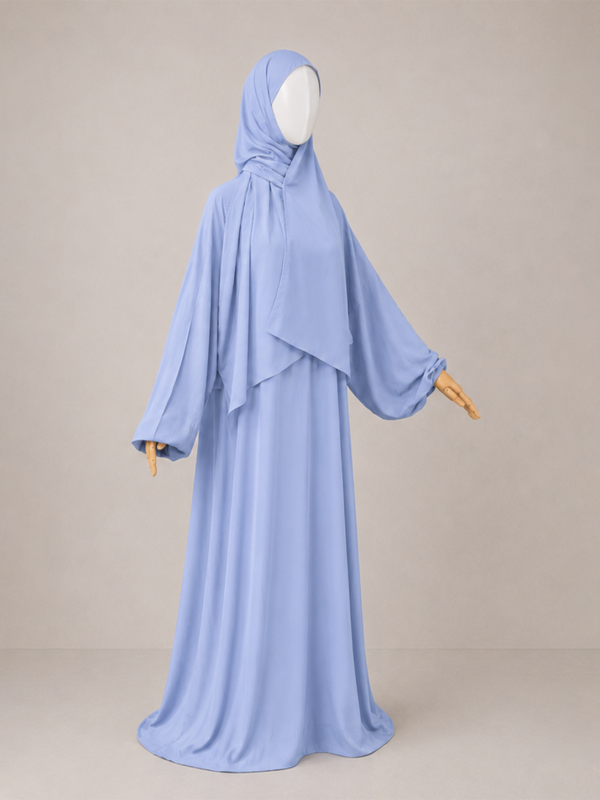 Light Blue pose 3 without cuffs Light Blue Prayer Jilbab – Without Cuffs