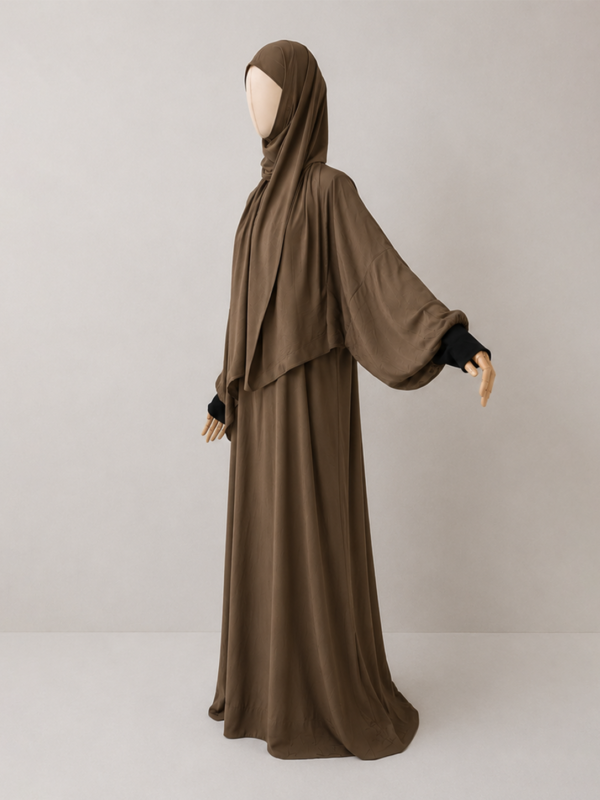 Light Brown pose 2with cuffs Light Brown Prayer Jilbab – With Cuffs