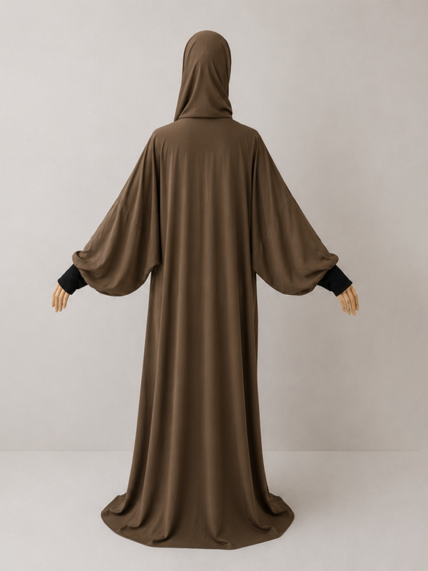 Light Brown pose 3with cuffs Light Brown Prayer Jilbab – With Cuffs