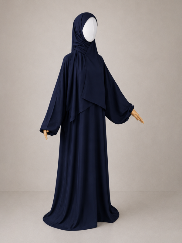 Navy Blue pose 3 without cuffs Navy Prayer Jilbab – Without Cuffs