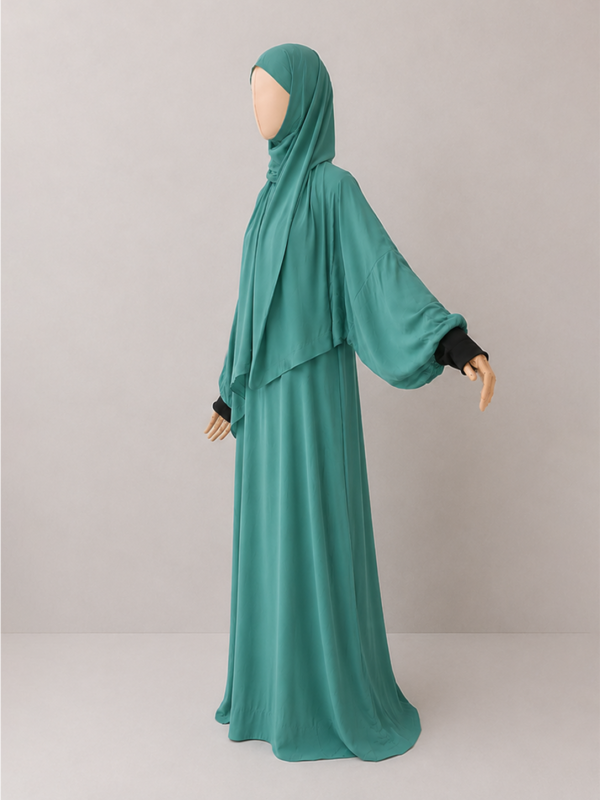 Turqoise pose 2with cuffs Turquoise Prayer Jilbab – With Cuffs