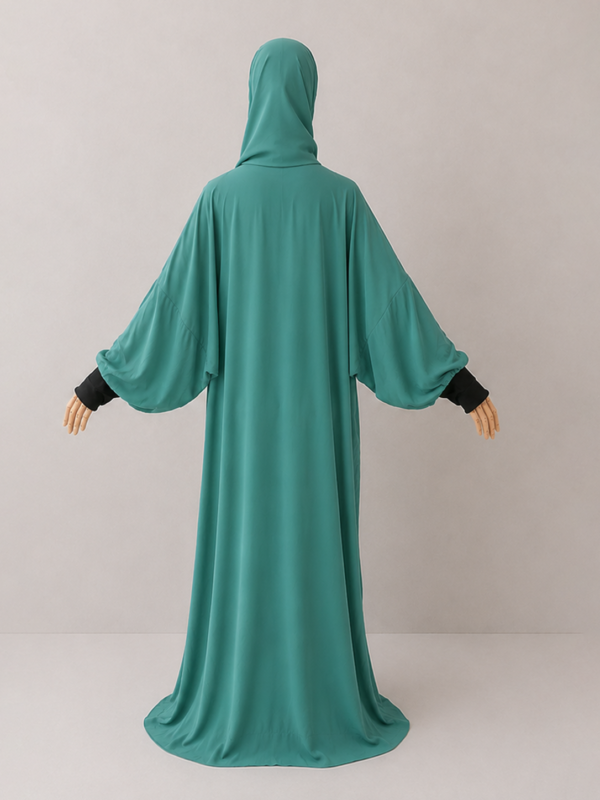 Turqoise pose 3with cuffs Turquoise Prayer Jilbab – With Cuffs