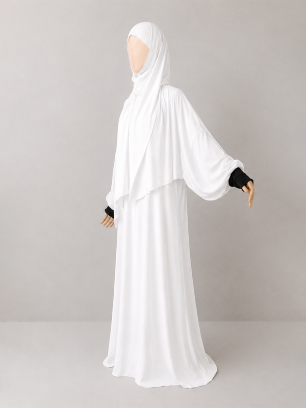 White pose 2with cuffs White Prayer Jilbab – With Cuffs