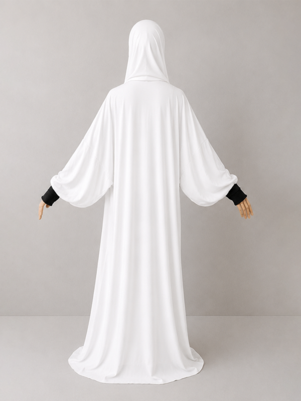 White pose 3with cuffs White Prayer Jilbab – With Cuffs